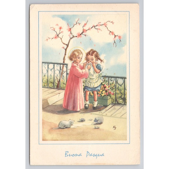 Vintage Buona Pasqua Easter Postcard Children Mouse Italian - Picture 1 of 2